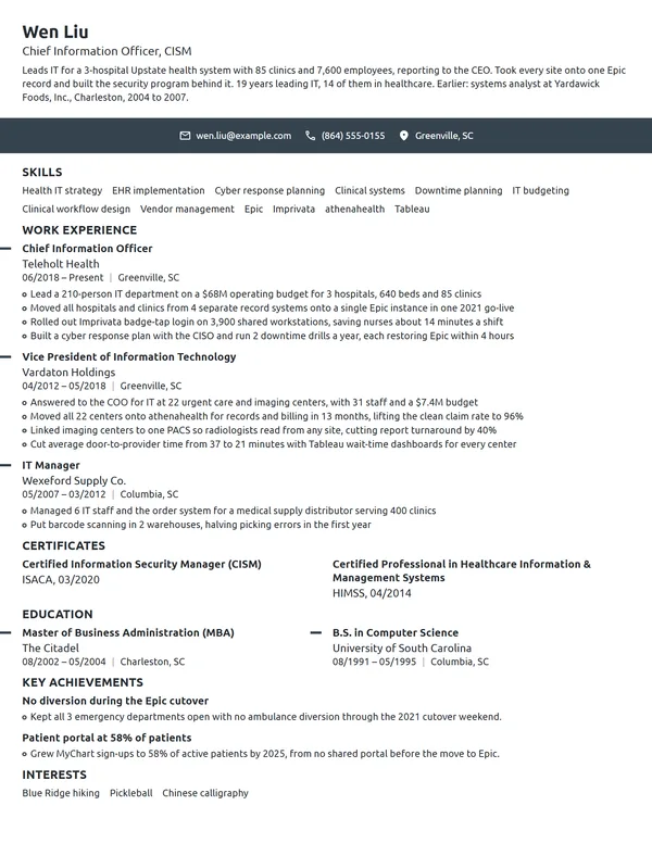 Healthcare Chief Information Officer (CIO) resume example