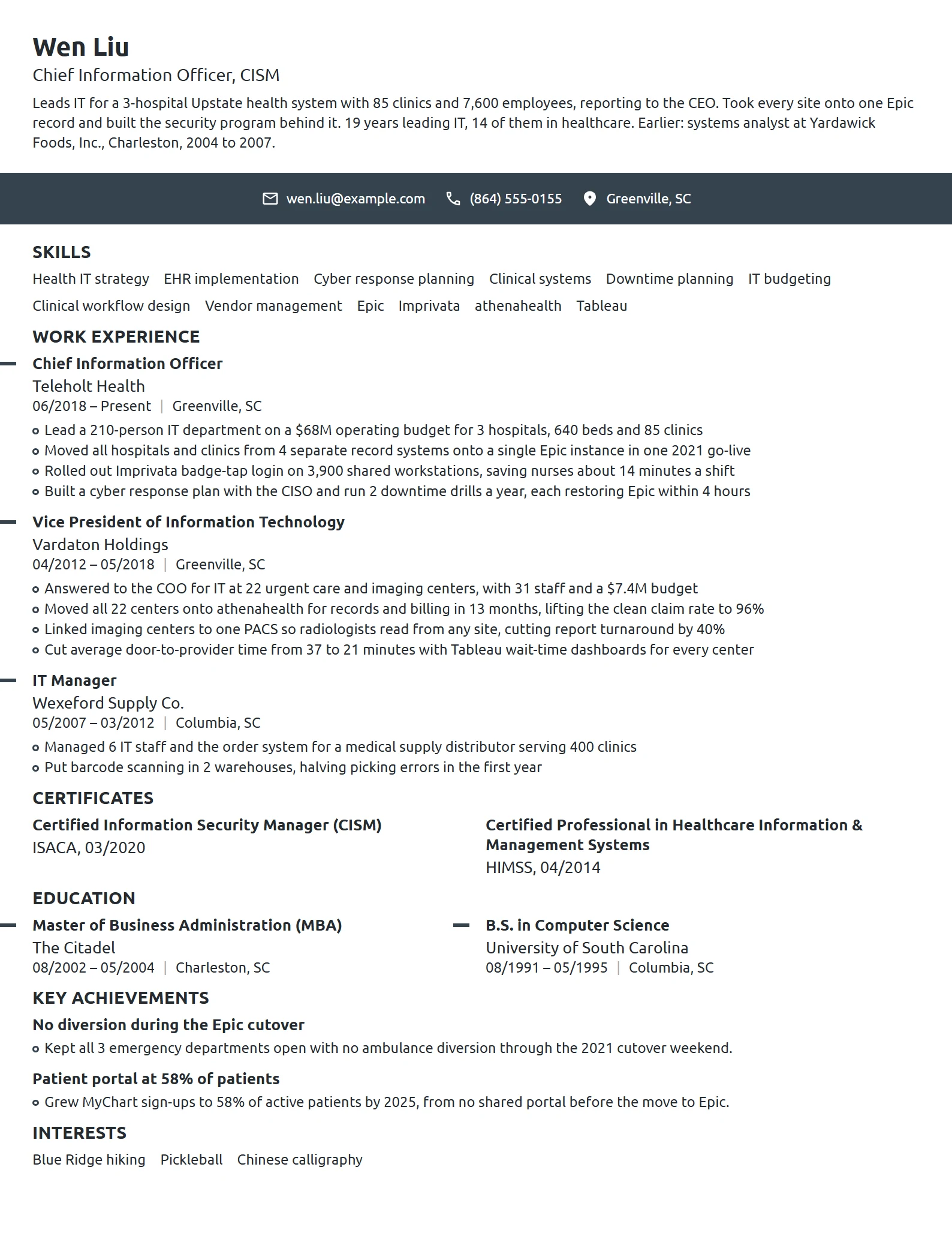 Healthcare Chief Information Officer (CIO) resume example