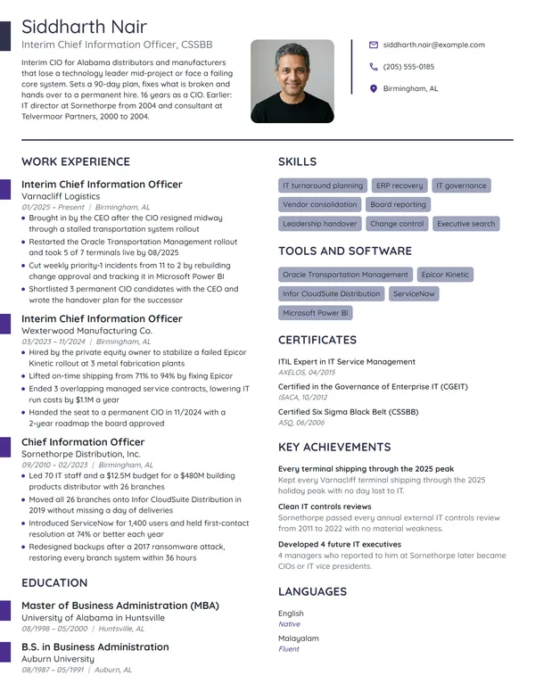 Interim Chief Information Officer (CIO) resume example