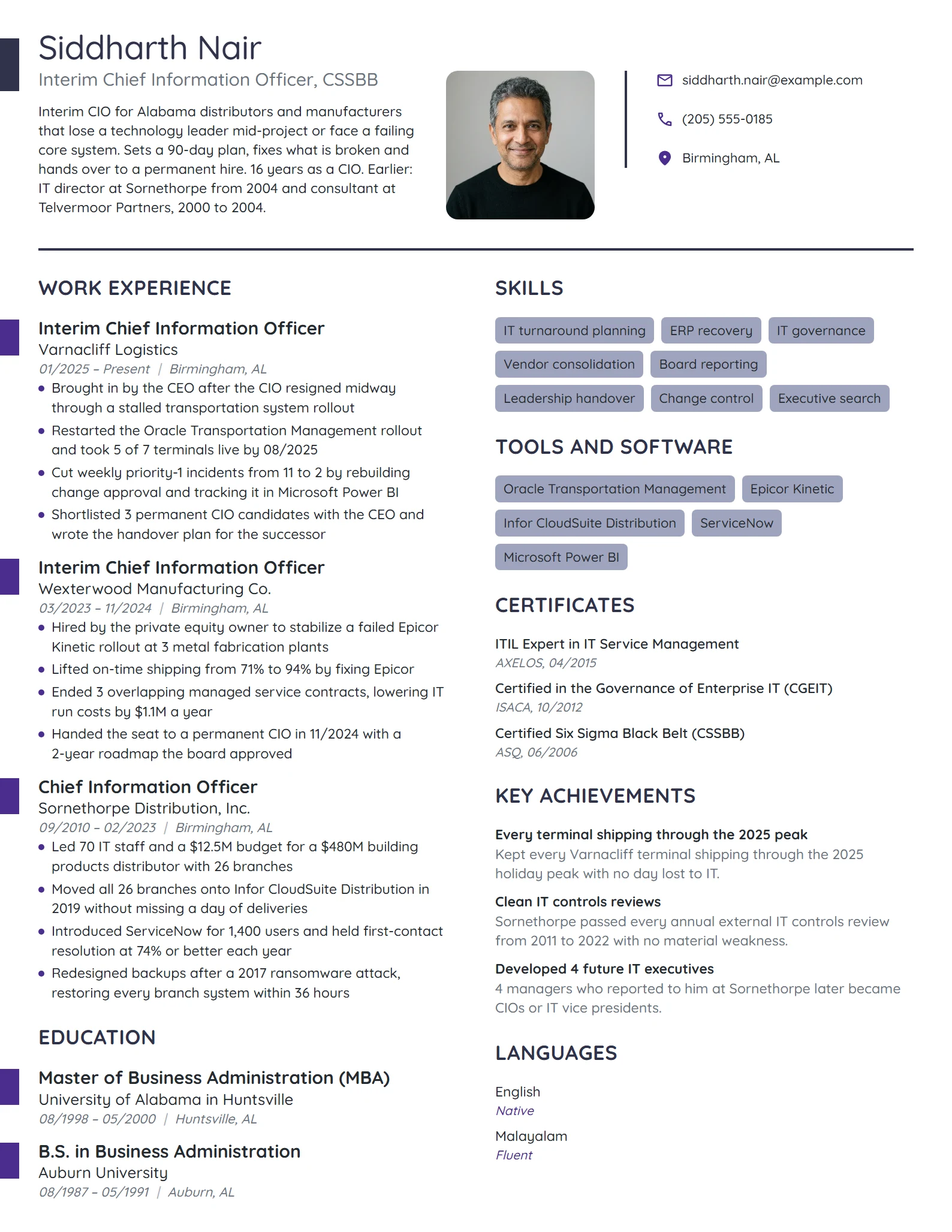 Interim Chief Information Officer (CIO) resume example