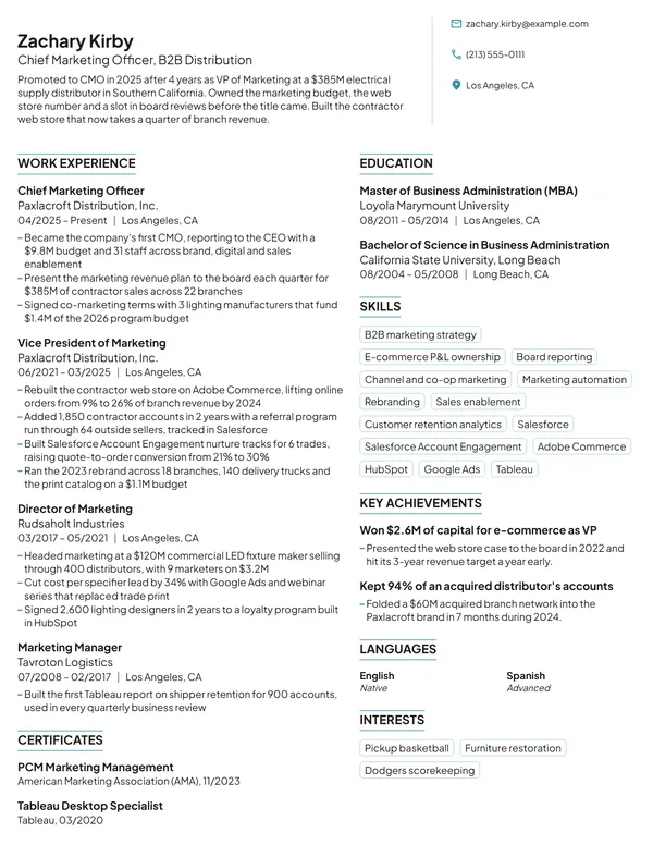 First-Time Chief Marketing Officer resume example