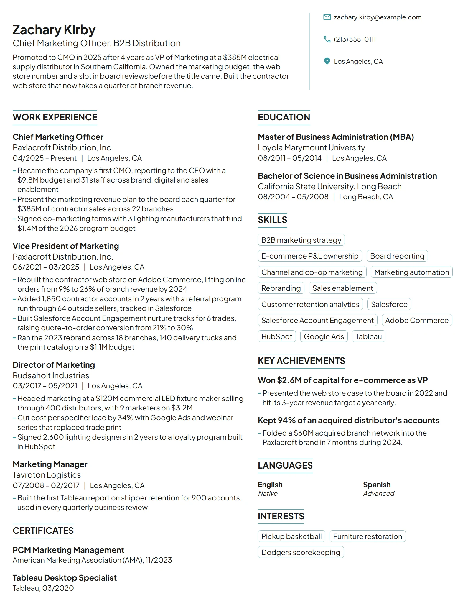 First-Time Chief Marketing Officer resume example