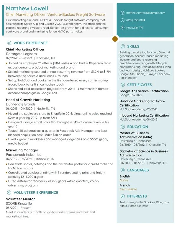 Startup Chief Marketing Officer resume example