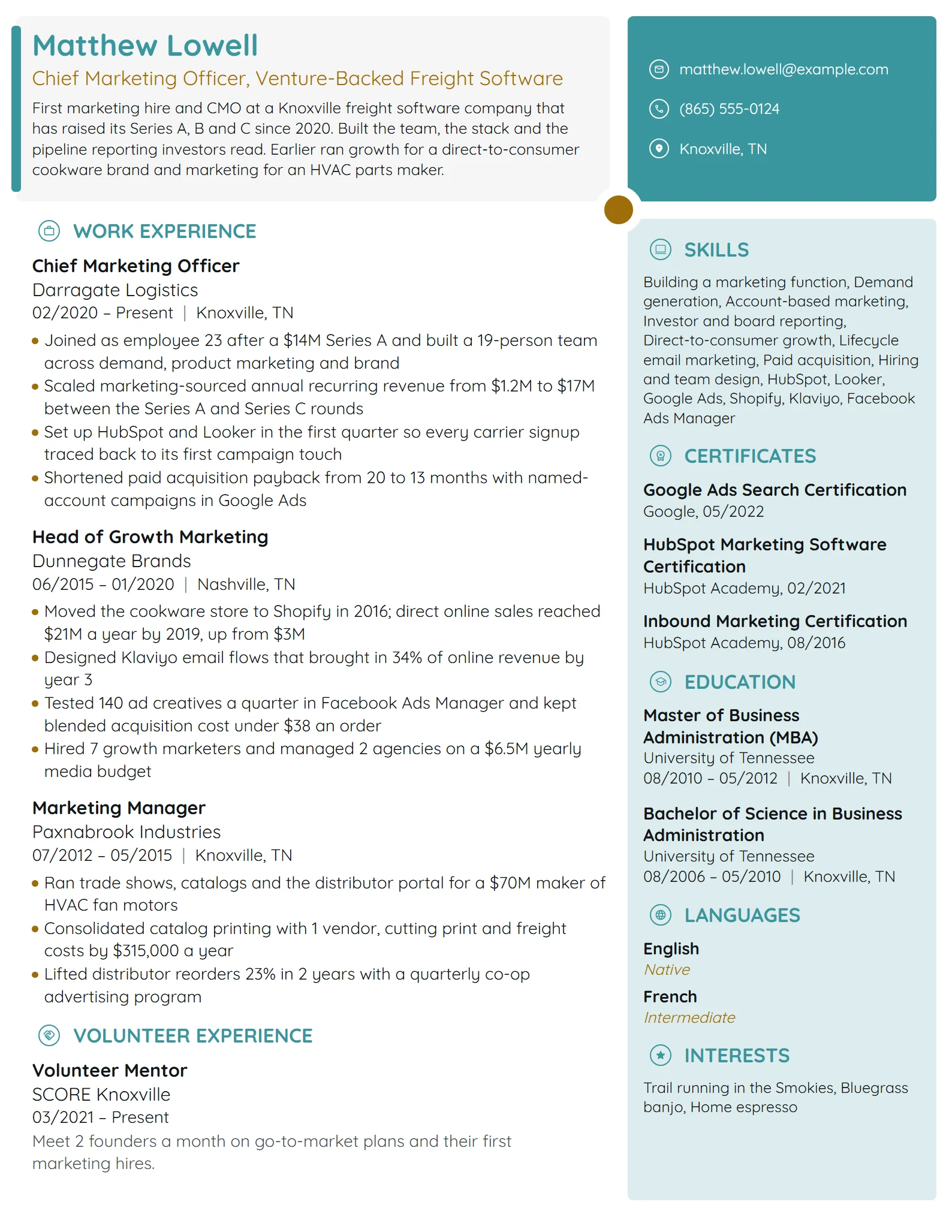 Startup Chief Marketing Officer resume example