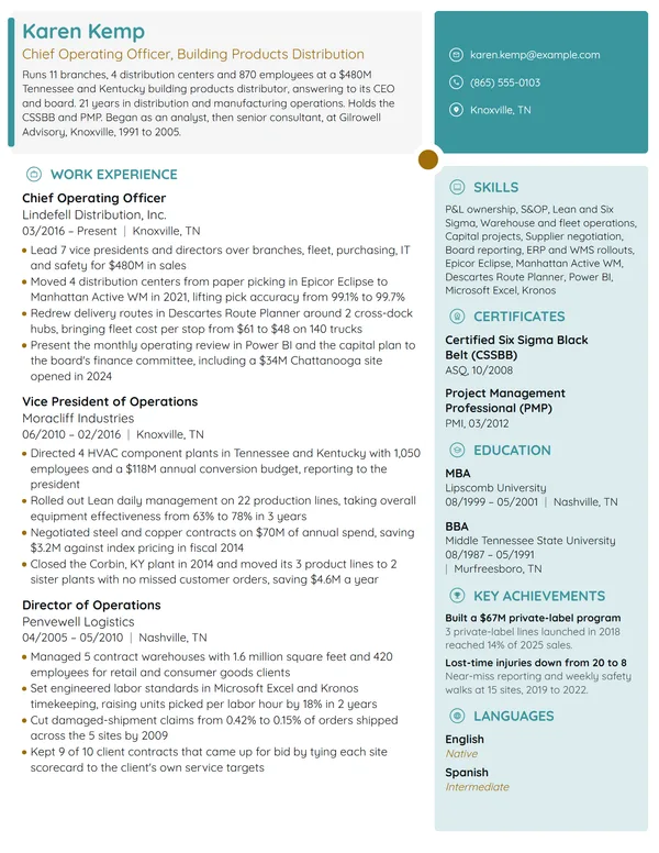 Chief Operating Officer (COO) resume example