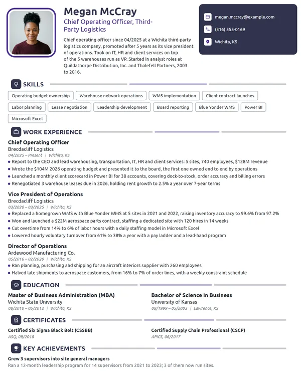 First-Time Chief Operating Officer (COO) resume example
