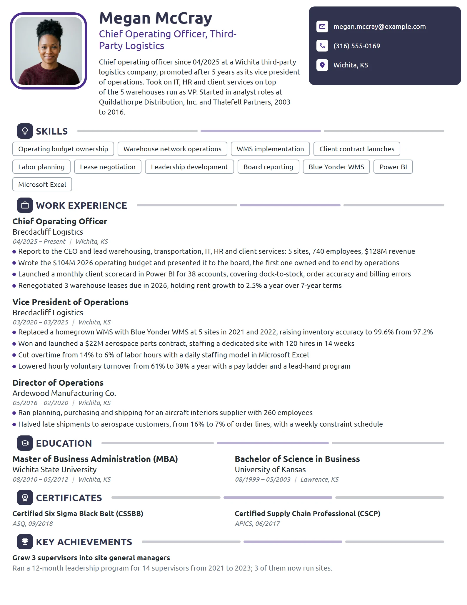 First-Time Chief Operating Officer (COO) resume example