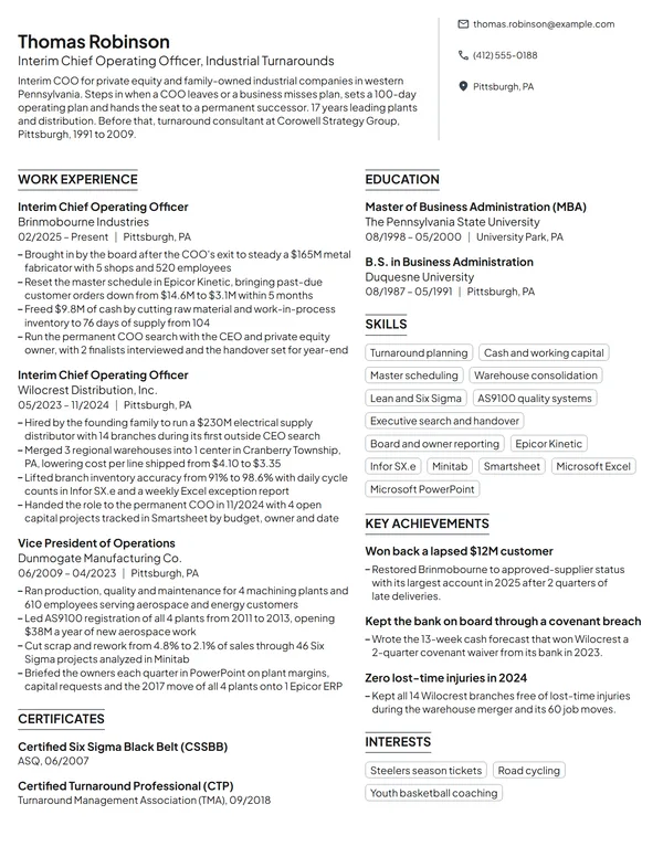 Interim Chief Operating Officer (COO) resume example