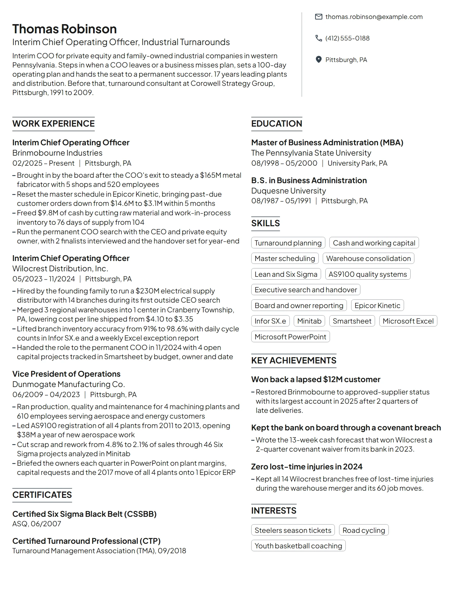 Interim Chief Operating Officer (COO) resume example