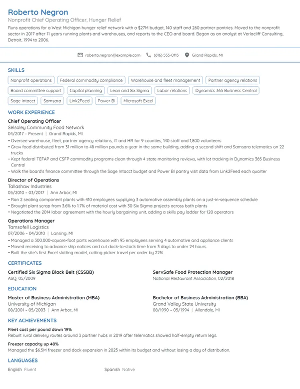 Nonprofit Chief Operating Officer (COO) resume example