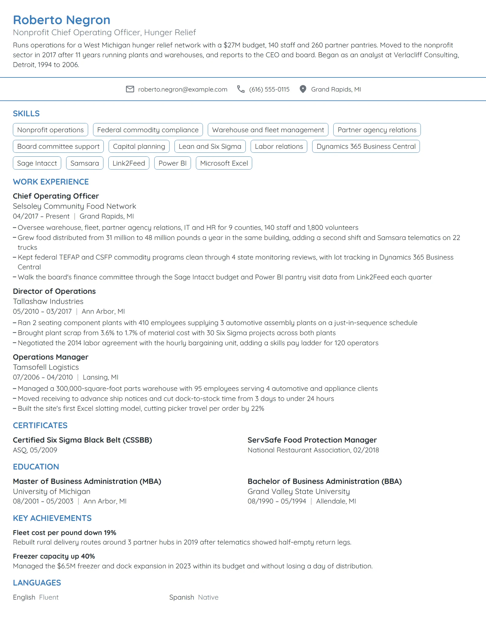 Nonprofit Chief Operating Officer (COO) resume example