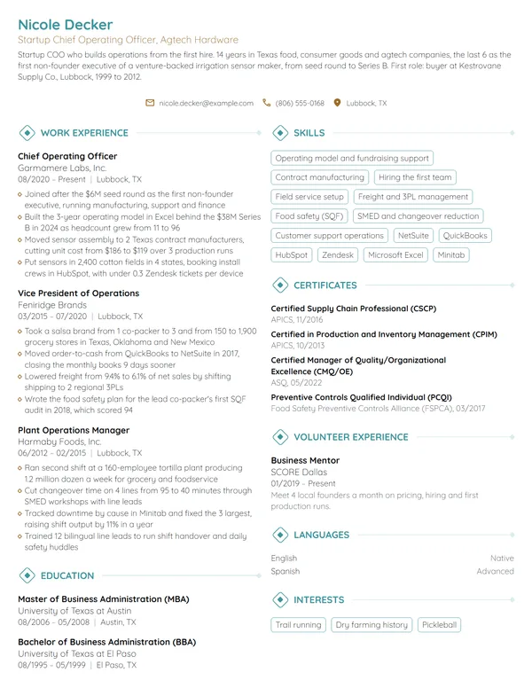 Startup Chief Operating Officer (COO) resume example