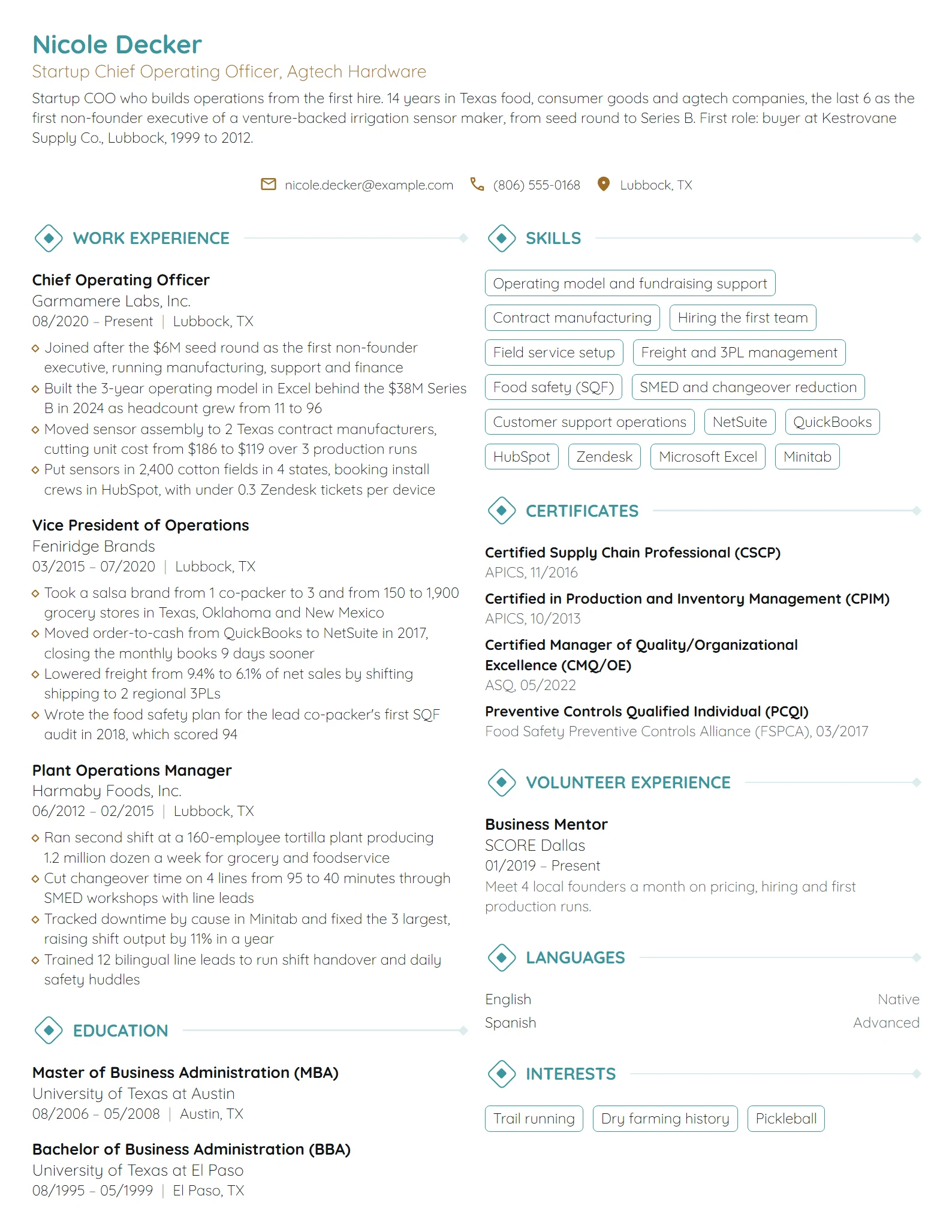 Startup Chief Operating Officer (COO) resume example
