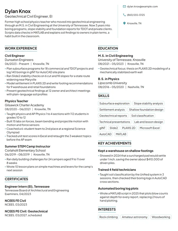 Career Change Civil Engineer resume example