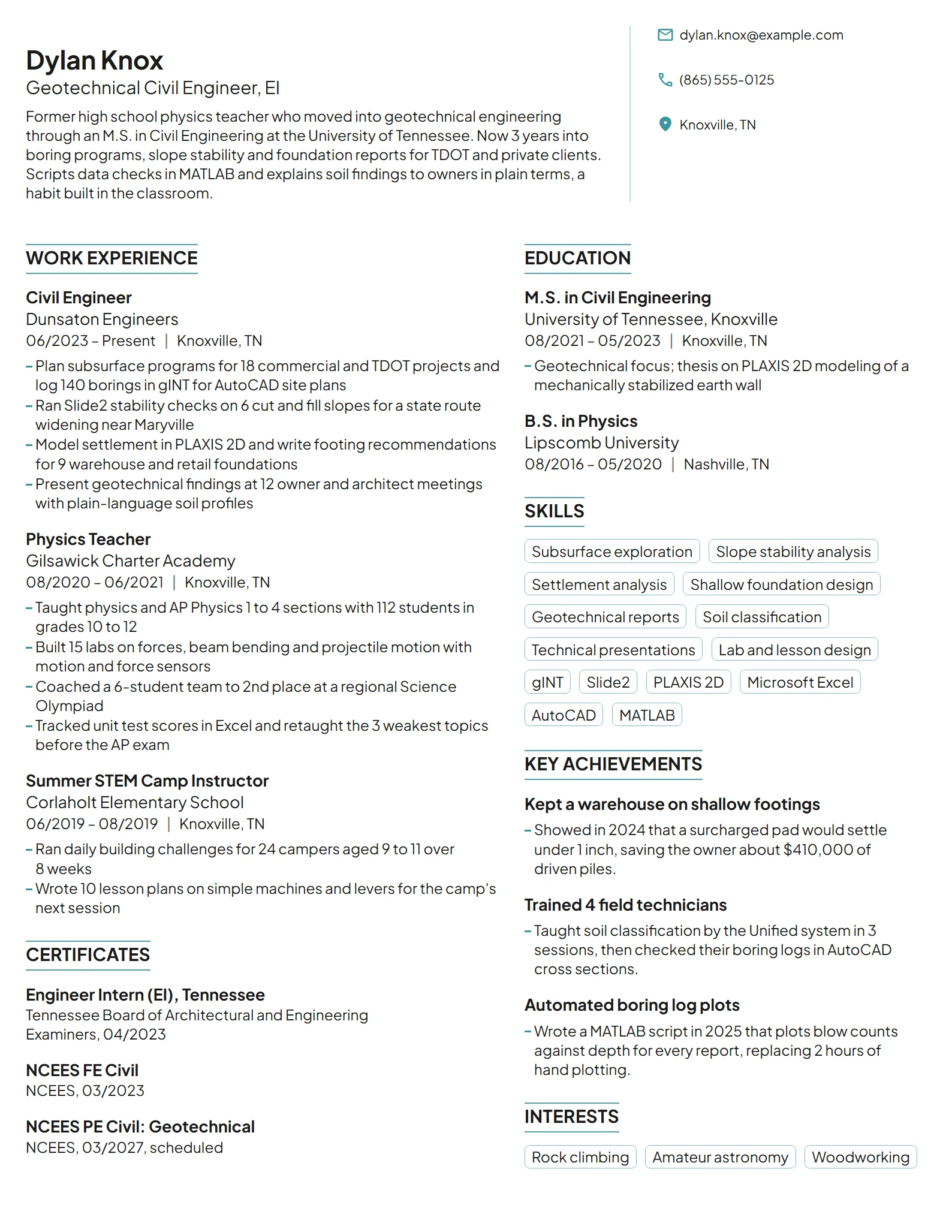 Career Change Civil Engineer resume example