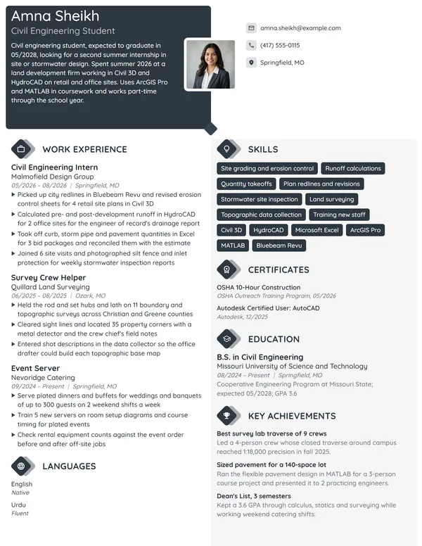 Civil Engineering Intern resume example