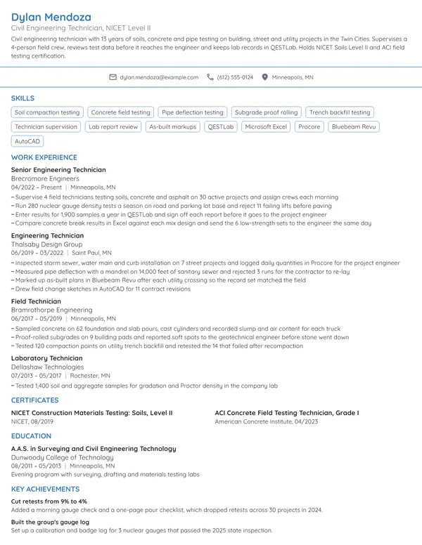 Civil Engineering Technician resume example