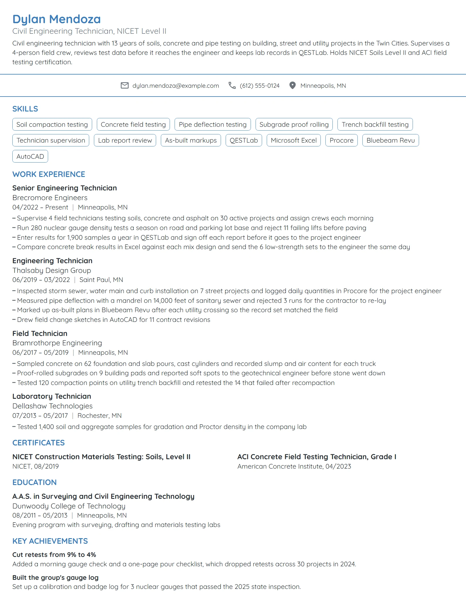 Civil Engineering Technician resume example