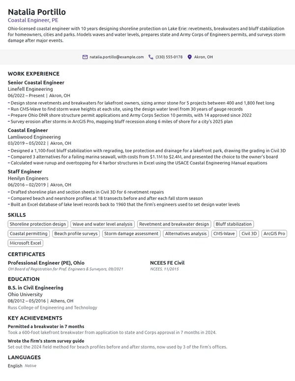 Coastal Engineer resume example