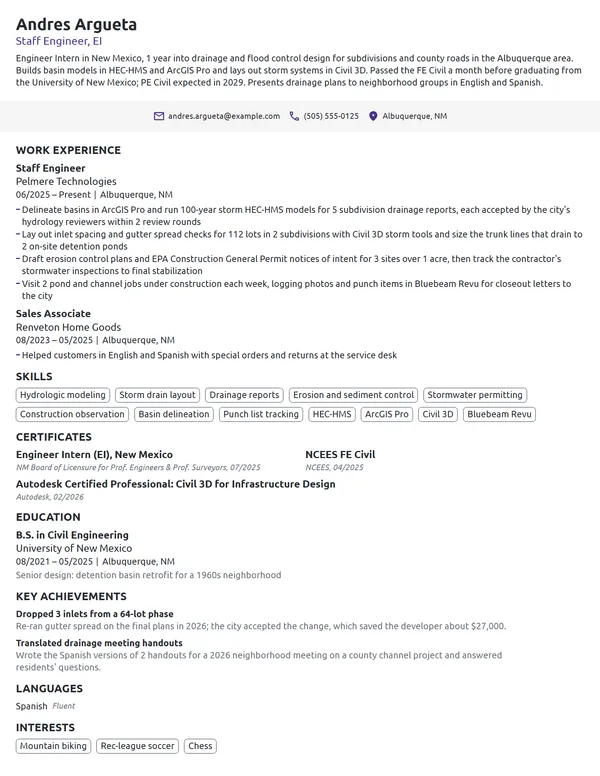 Entry-Level Civil Engineer resume example