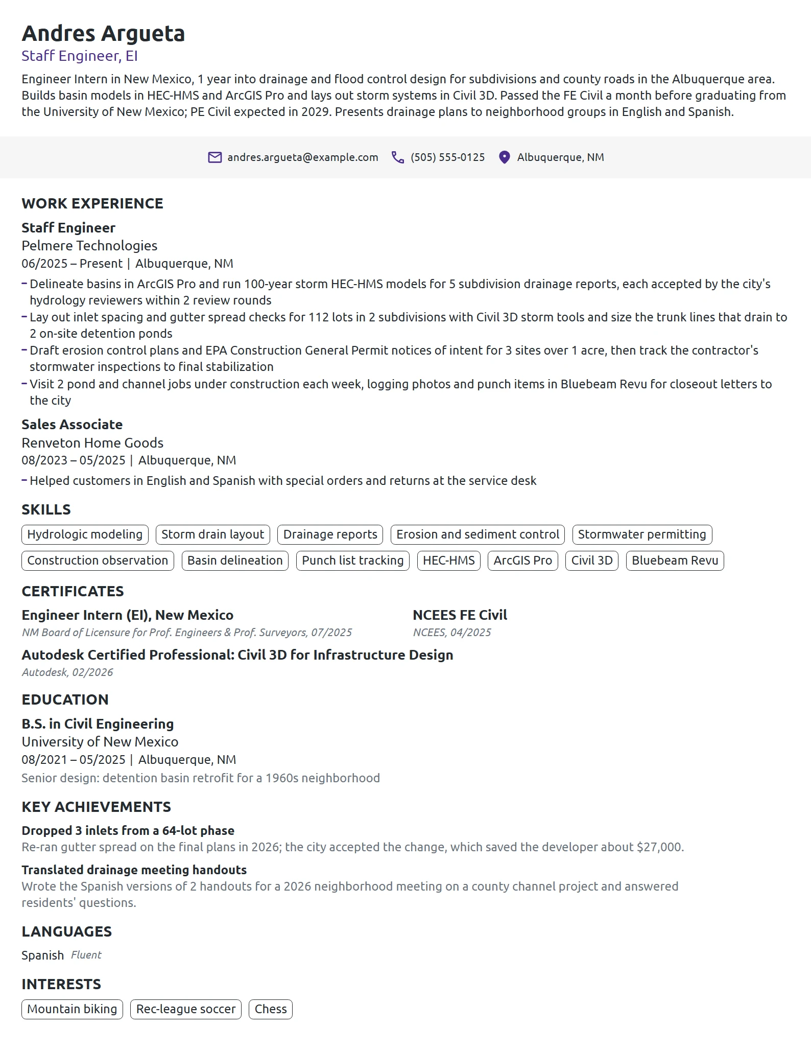 Entry-Level Civil Engineer resume example
