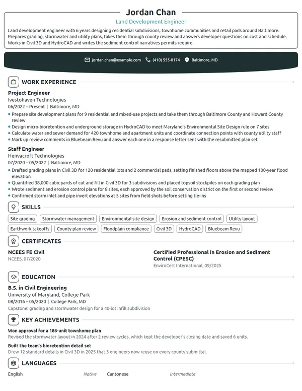 Land Development Engineer resume example