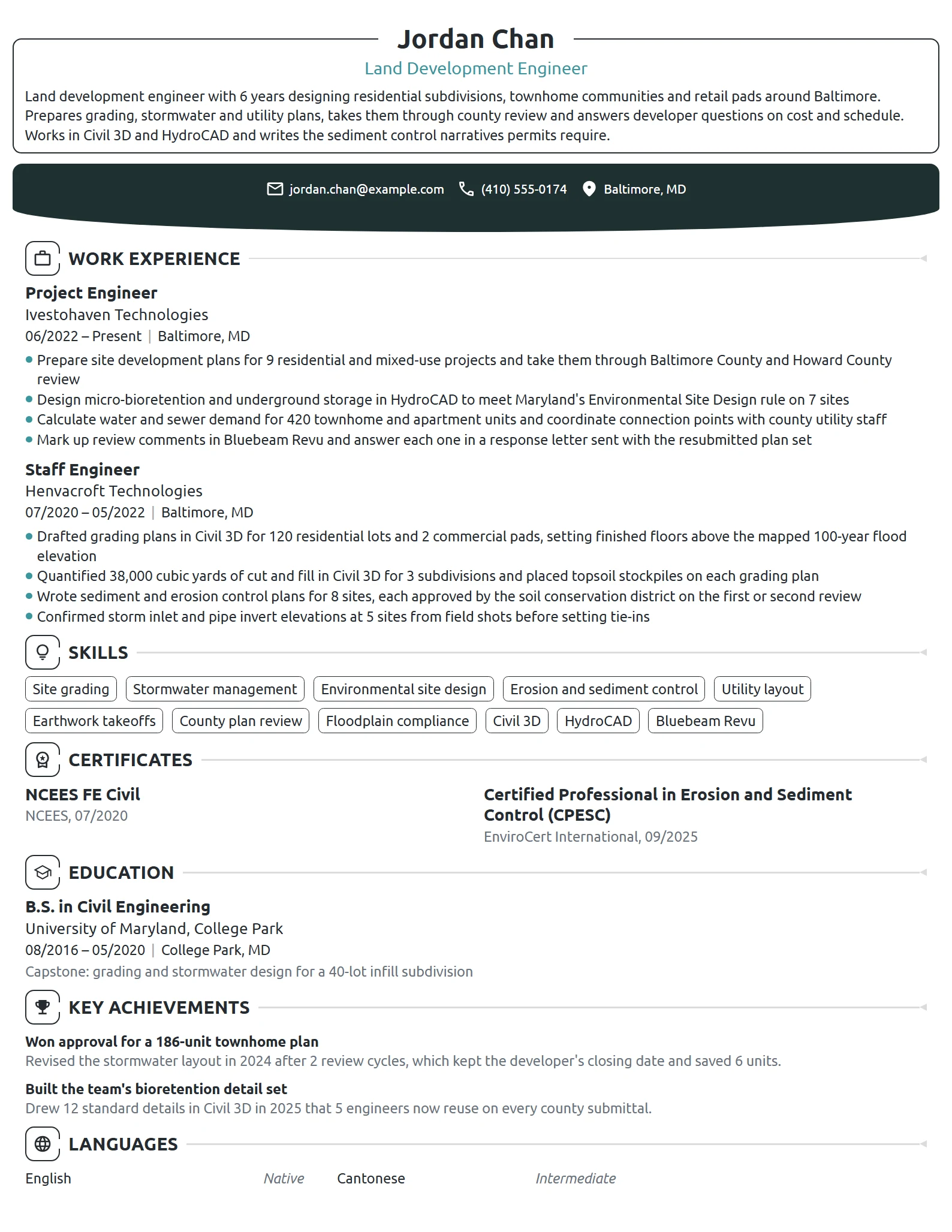 Land Development Engineer resume example