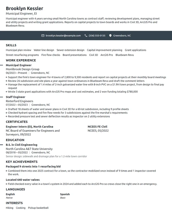 Municipal Engineer resume example