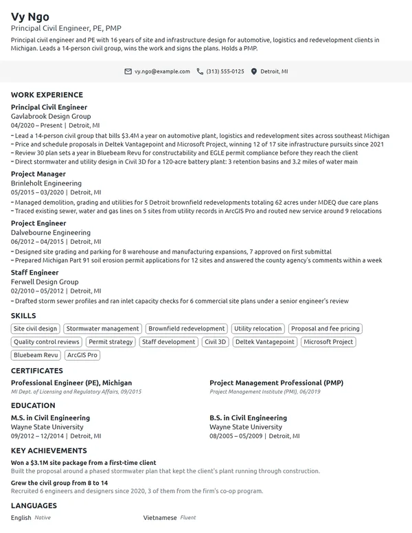 Principal Civil Engineer resume example