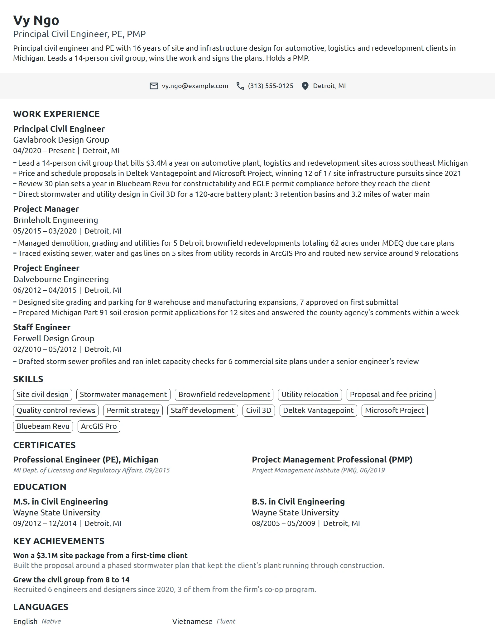 Principal Civil Engineer resume example
