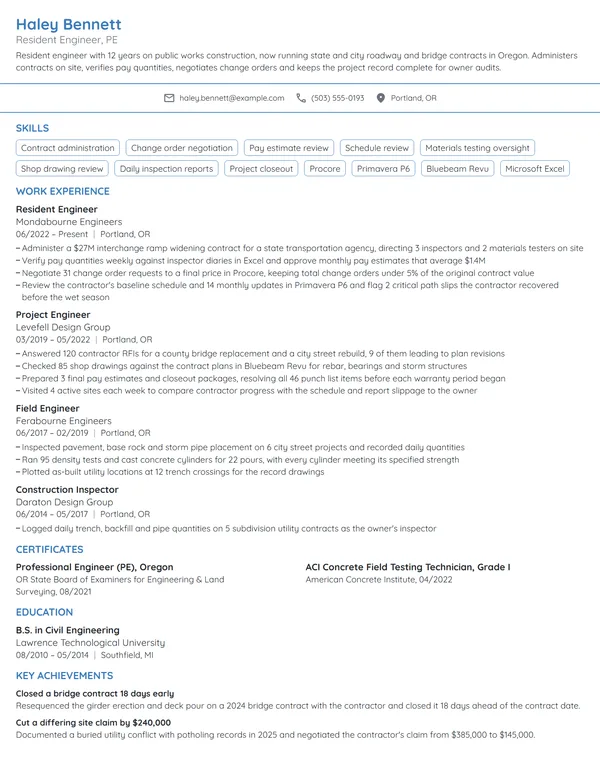 Resident Engineer resume example