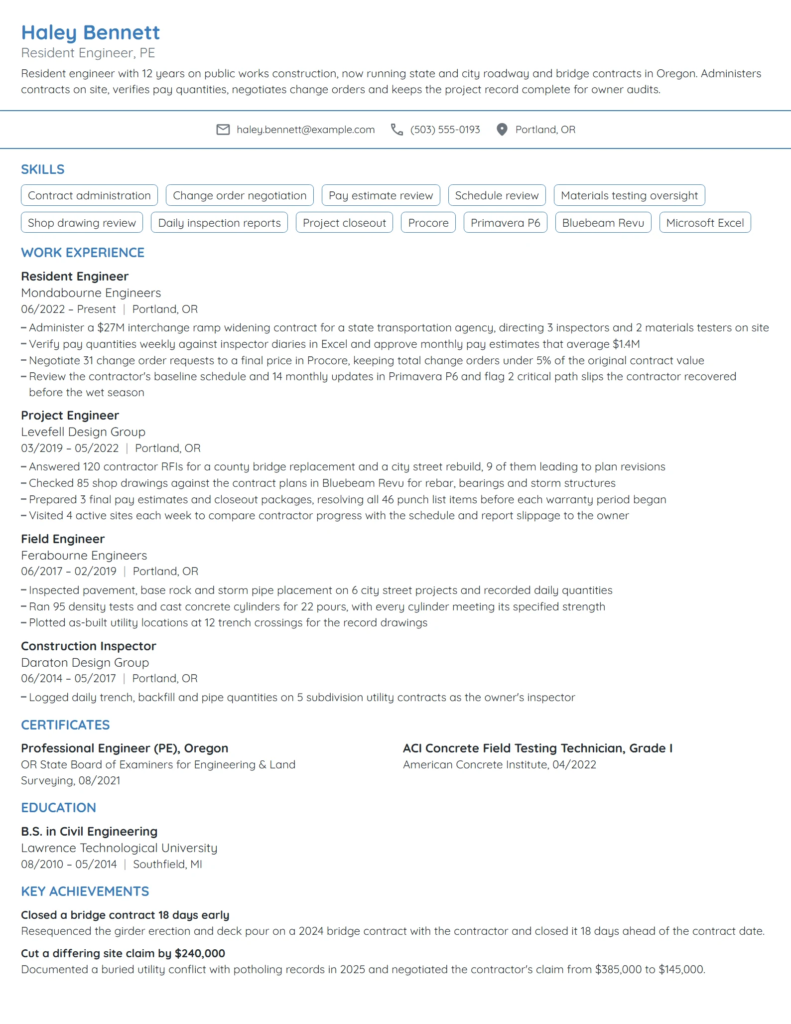 Resident Engineer resume example