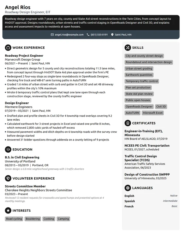 Roadway Design Engineer resume example