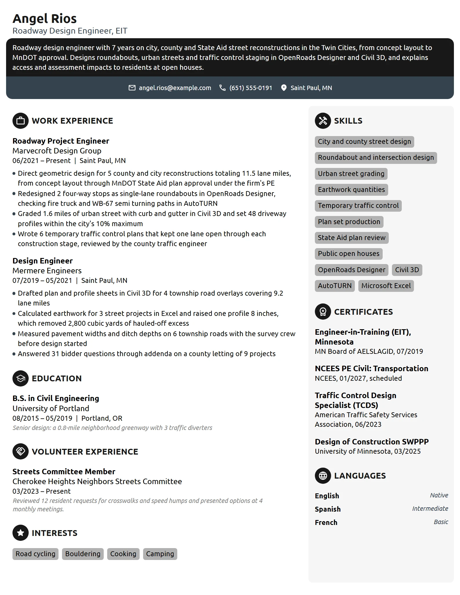 Roadway Design Engineer resume example