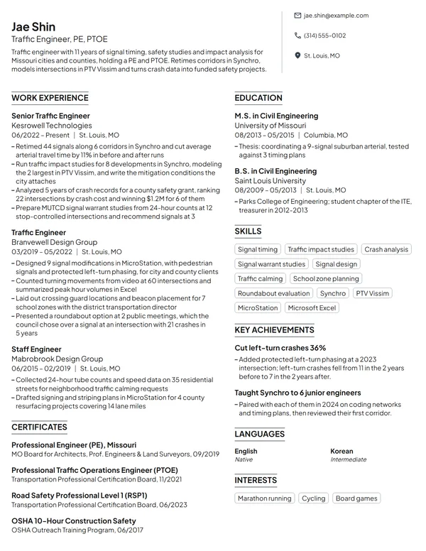 Traffic Engineer resume example