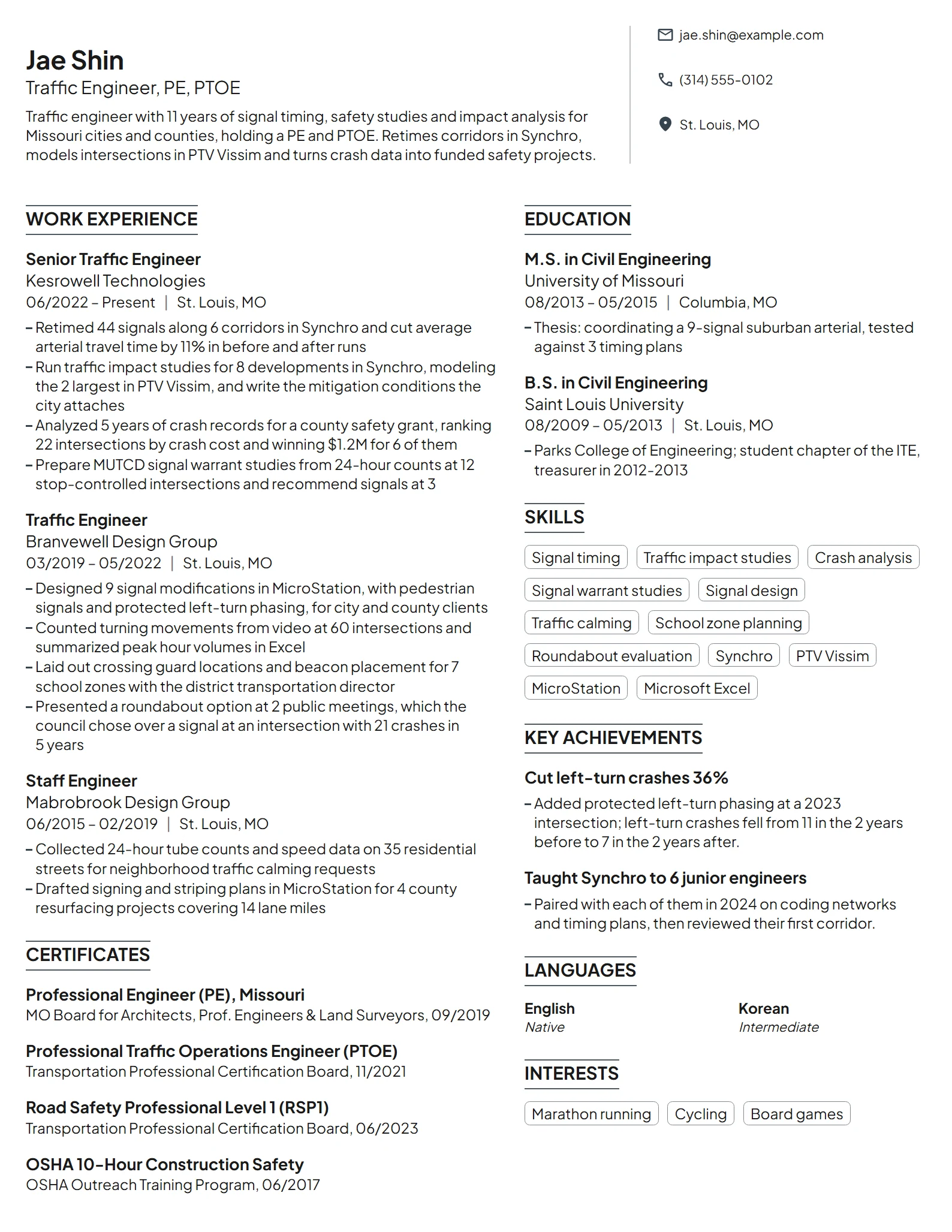 Traffic Engineer resume example