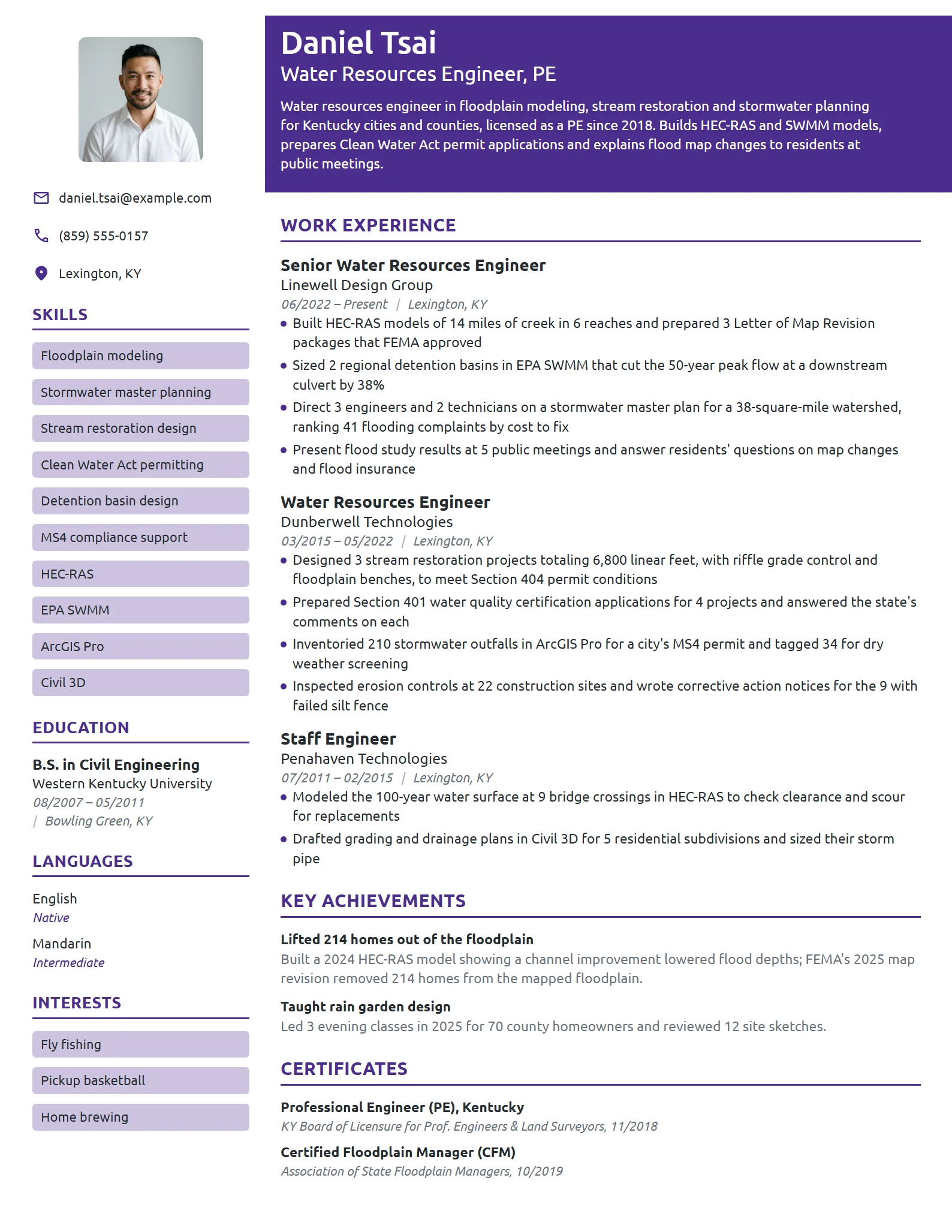 Water Resources Engineer resume example