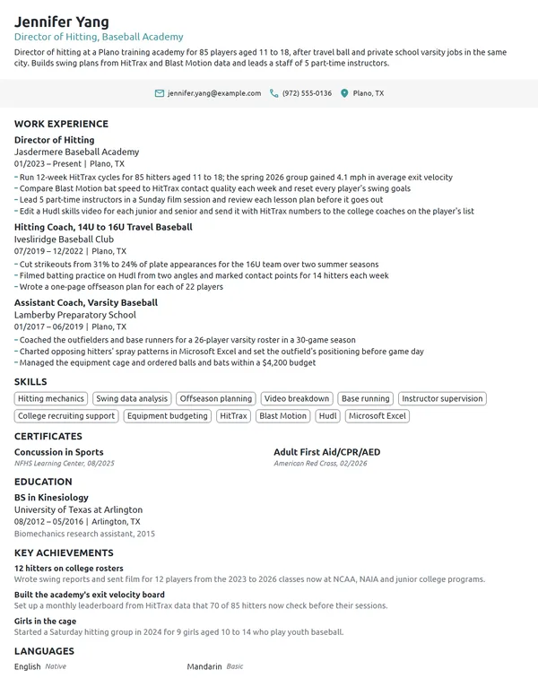 Baseball Coach resume example