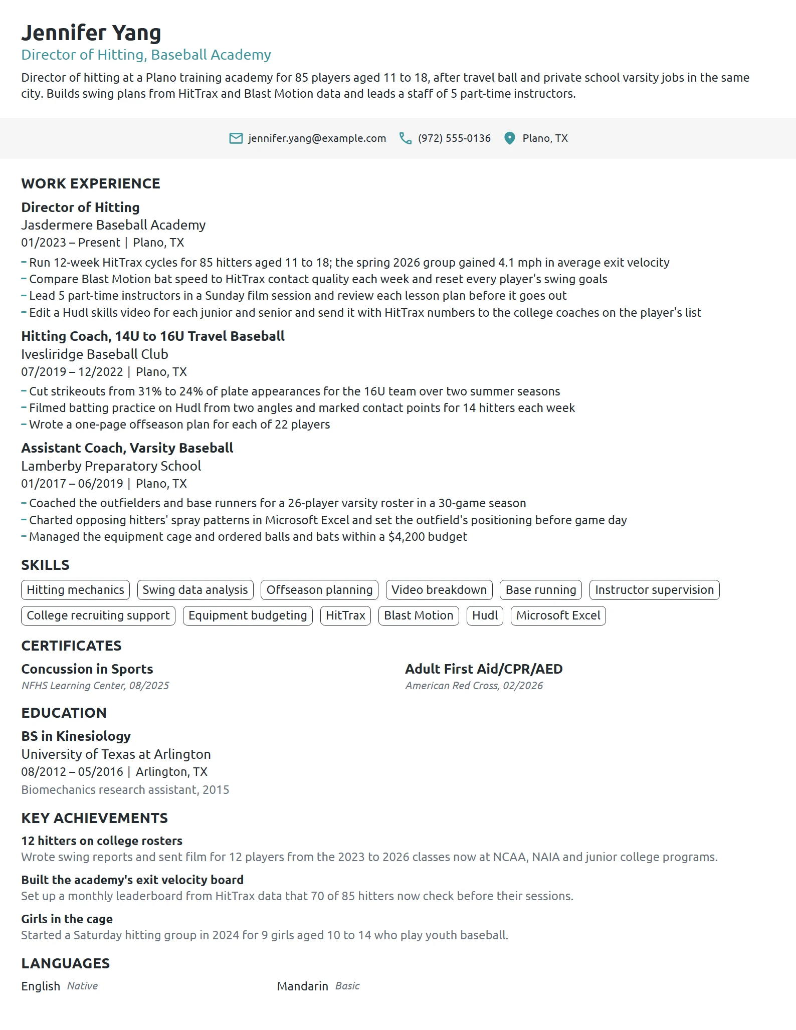 Baseball Coach resume example
