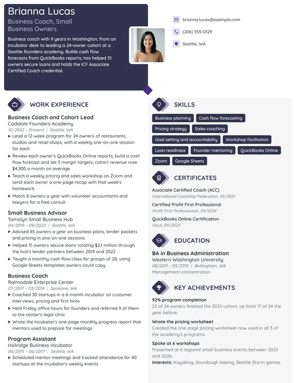 Business Coach resume example