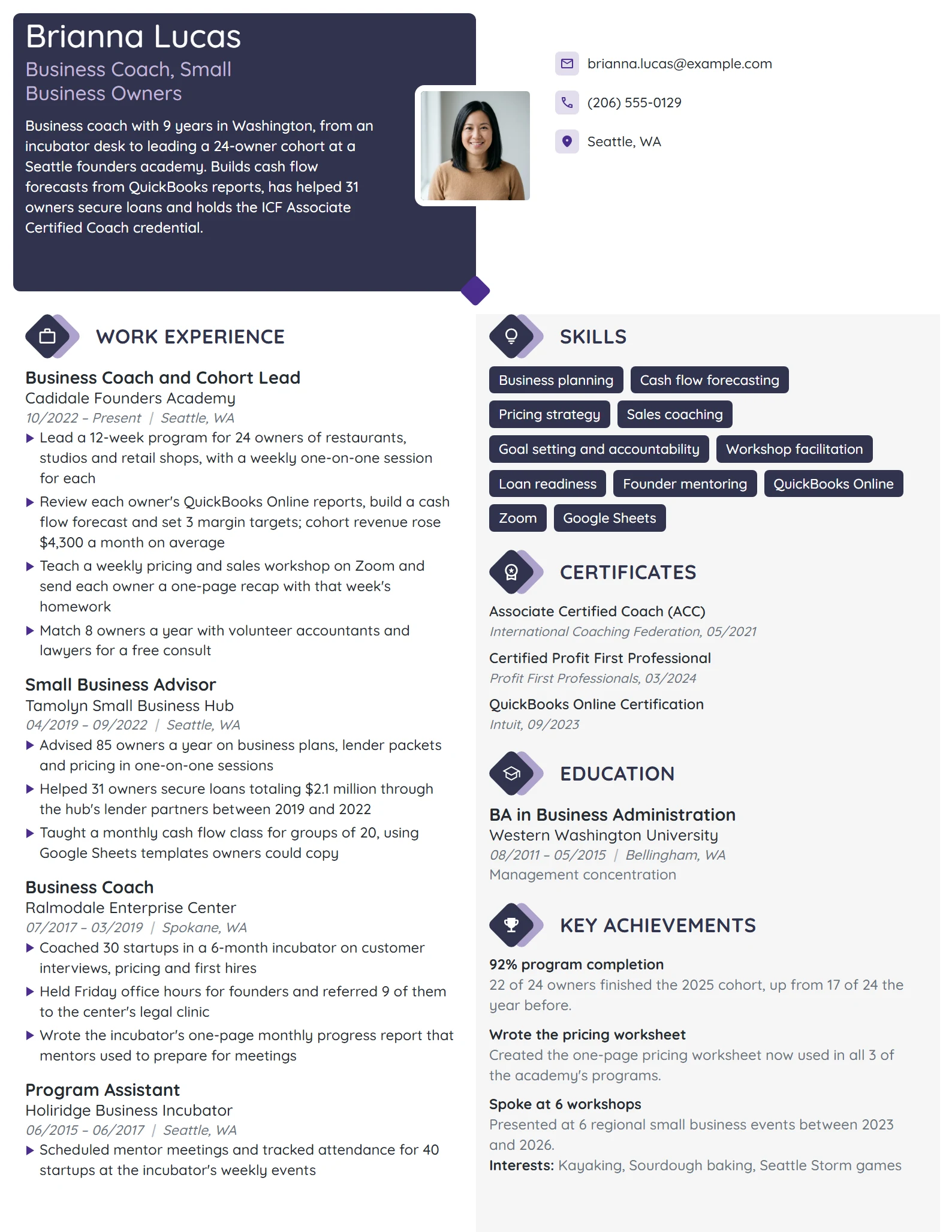 Business Coach resume example