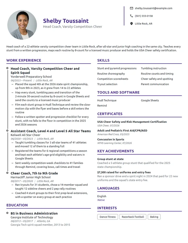 Cheerleading Coach resume example