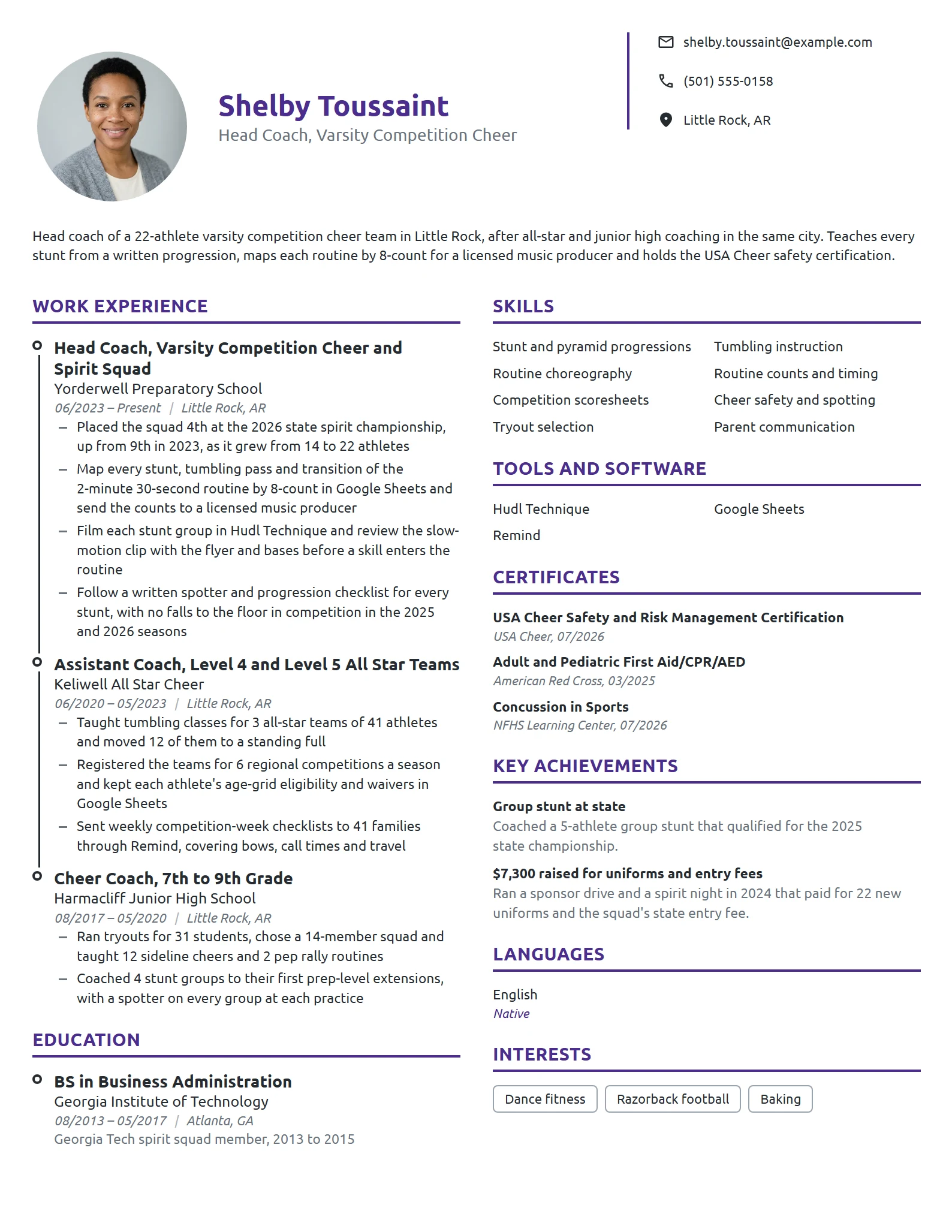 Cheerleading Coach resume example