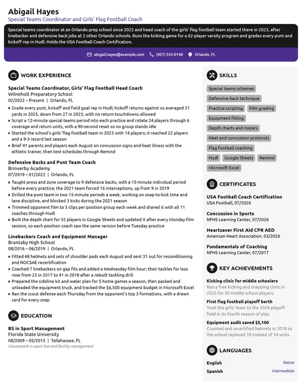 Football Coach resume example