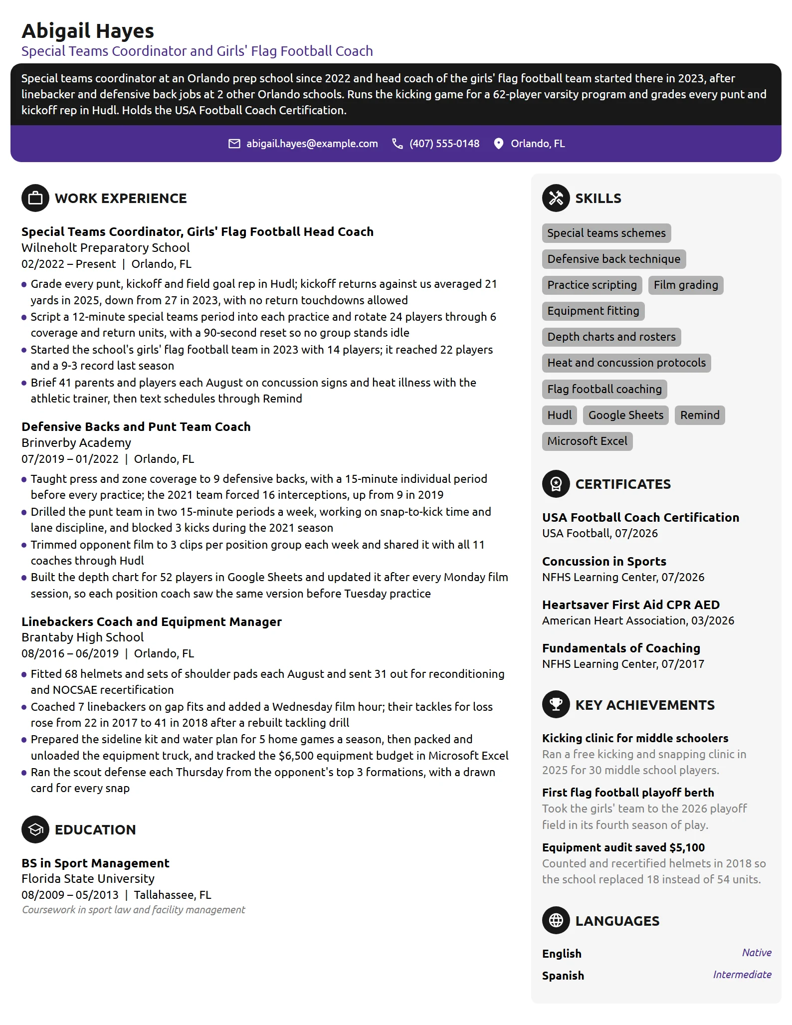 Football Coach resume example