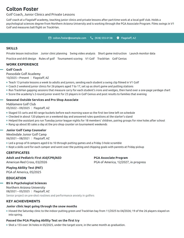 Golf Coach resume example