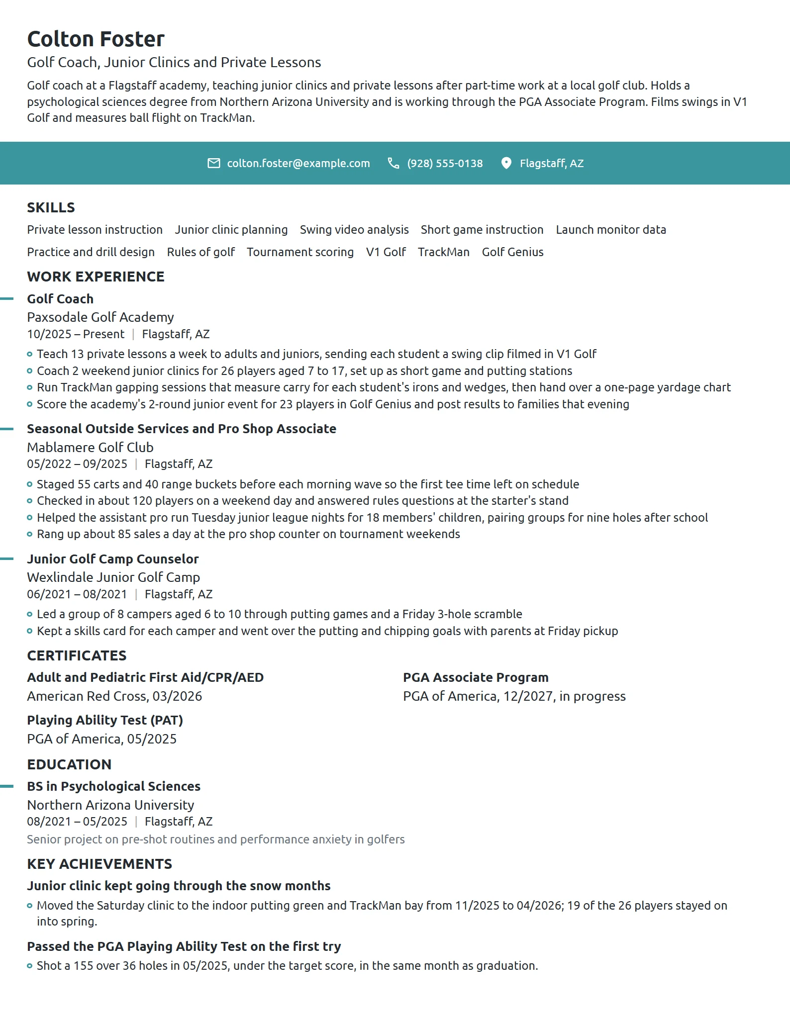 Golf Coach resume example