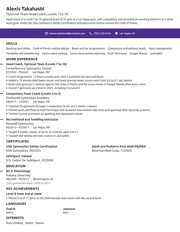 Gymnastics Coach resume example
