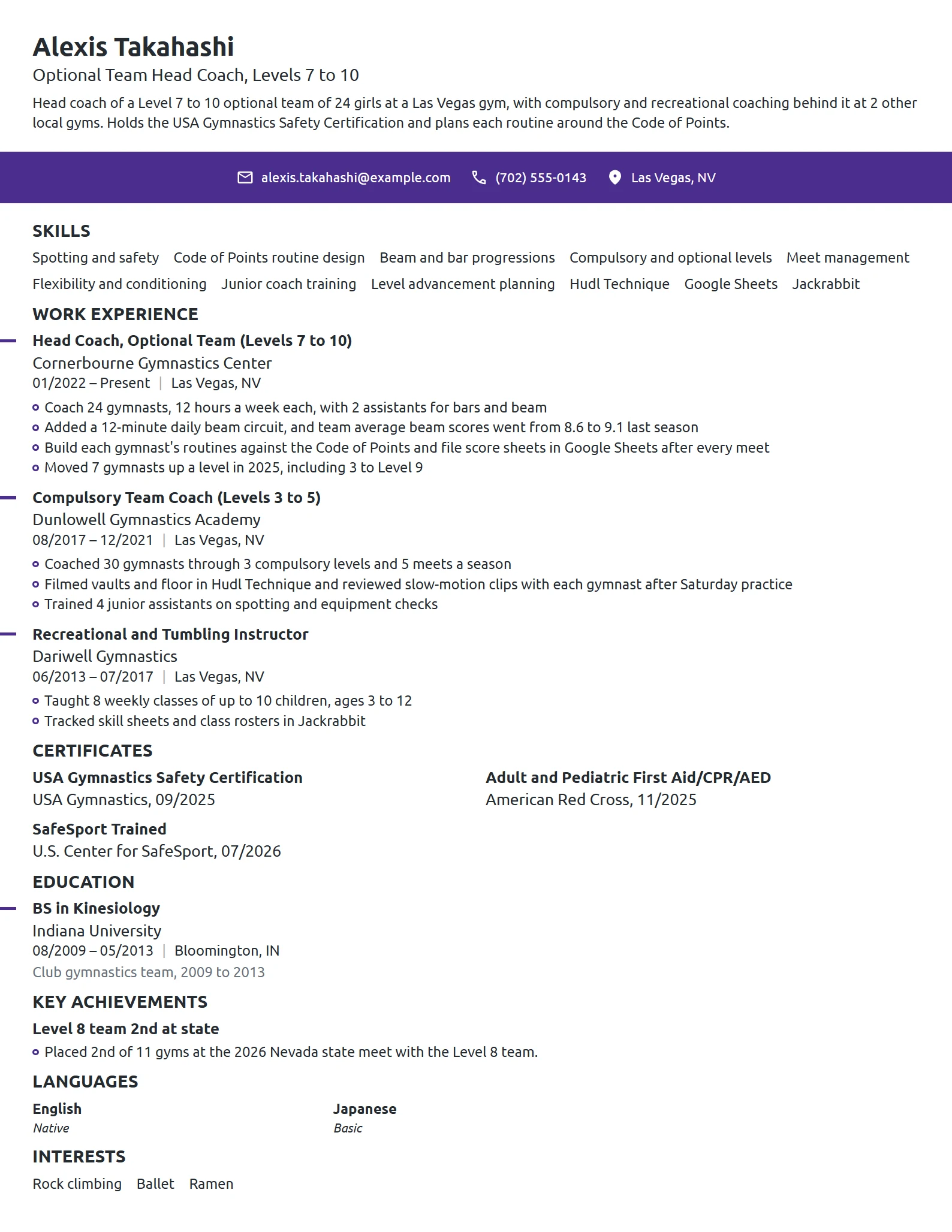 Gymnastics Coach resume example