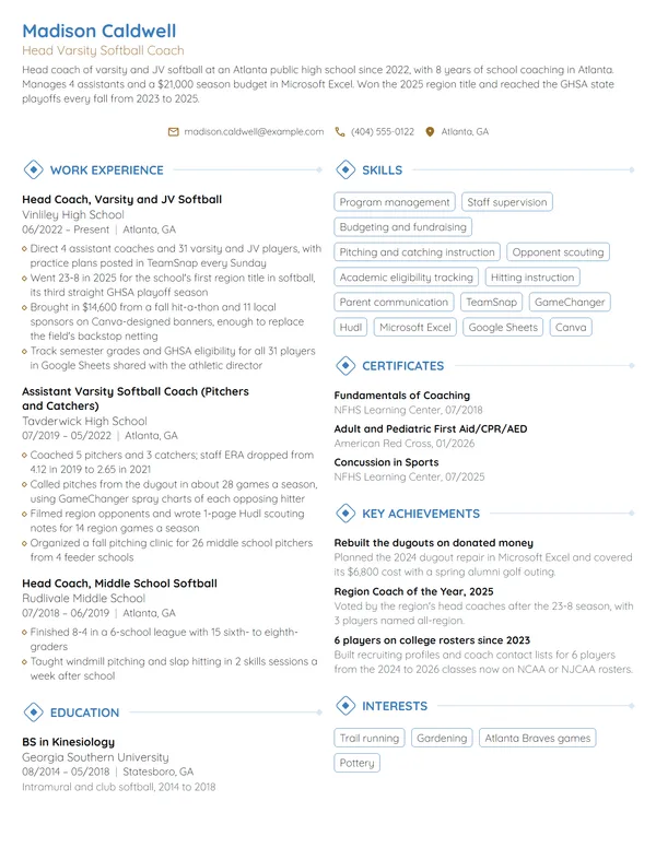 Head Coach resume example